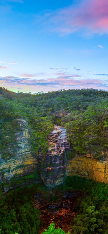 Wentworth Falls, Blue mountains, Australia, National Park, Long exposure, Sunset, Cliffs, Forest, Green Trees, Greenery, HDR, Landscape, Clear sky, 5K