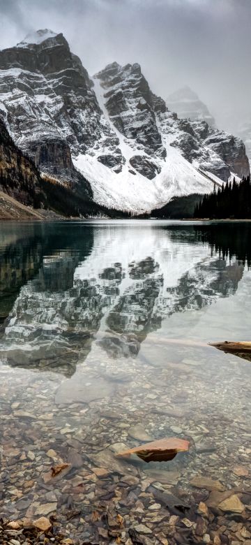 Moraine Lake, Clear water, Landscape, Canada, Reflection, Snow covered, Glacier mountains, Foggy, Rocks, Mirror Lake, 5K