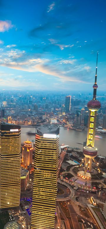 Shanghai City, Aerial view, China, Cityscape, Skyline, Sunset, Skyscrapers, High rise building, Oriental Pearl Tower, Evening sky, Clouds, 5K