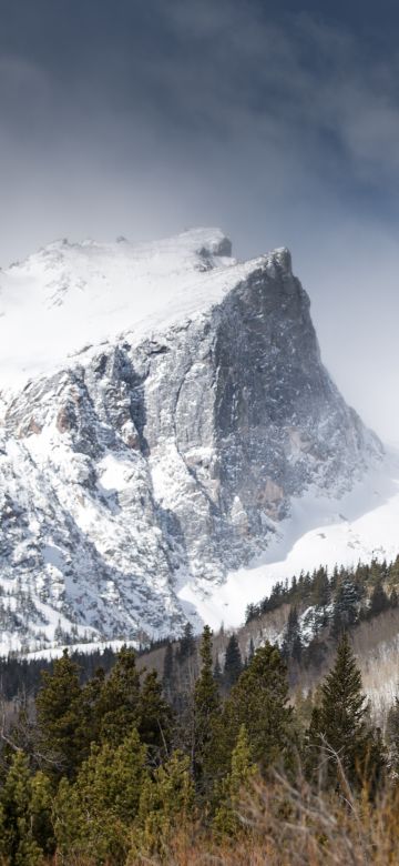 Hallett Peak, Rocky Mountains, Colorado, Mountain summit, Snow covered, Winter, Foggy, Green Trees, Landscape, 5K