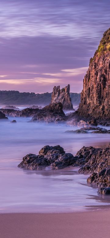 Cathedral Rocks, Australia, Volcanic Sea Stack, Rock formations, Rocky coast, Sunrise, Cliff, Landscape, Tourist attraction, Purple sky, Long exposure, 5K