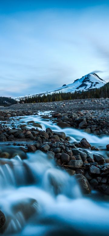 Mount Hood, Oregon, Landscape, Early Morning, Rocks, Water Stream, Long exposure, Green Trees, Blue Sky, Snow covered, Glacier mountains, 5K