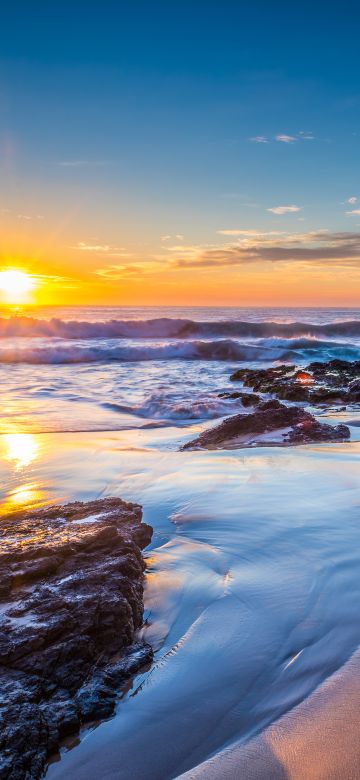 Jones Beach, Kiama Downs, Australia, Sunrise, Seascape, Rocky coast, Ocean, Clear sky, Horizon, Landscape, Waves, Reflection, 5K