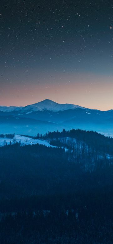 Evening, Foggy, Dusk, Forest, Mountains, Starry sky, Winter, Sunset