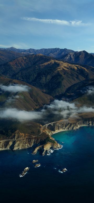 Coastline, macOS Big Sur, Aerial view, Above clouds, Seascape, Mountains, Stock, 5K