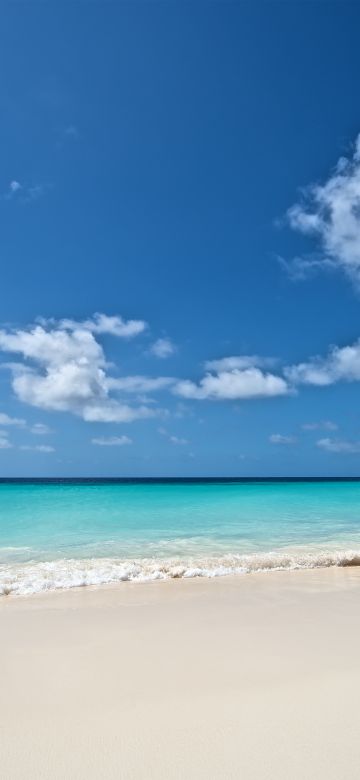 Beach, Seascape, Turquoise water, Ocean blue, Waves, Horizon, Clouds, Blue Sky, Calm, Landscape, Scenery, 5K