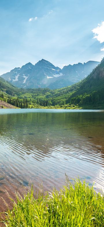 Marron Bells, Elk Mountains, Maroon Peak, Colorado, Lakes, Landscape, Clear water, Reflection, Scenery, 5K