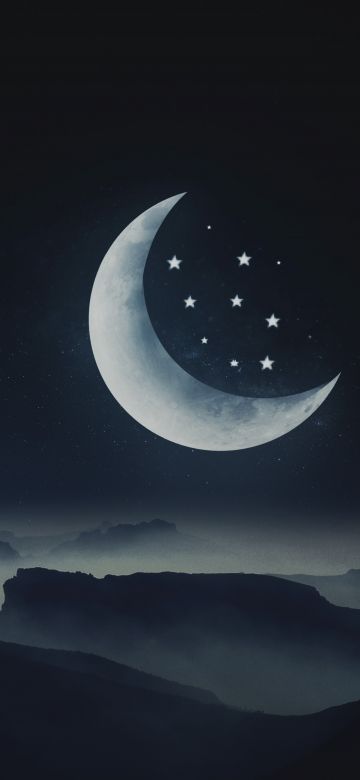 Half moon, Stars, Mountains, Night, Cold, Aesthetic