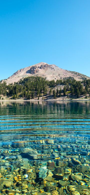 Lake Helen, Lassen National Forest, California, Mount Lassen, Volcano, Clear water, Landscape, Blue Sky, Water ripples, Stones, 5K