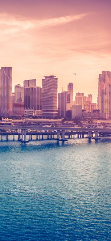 Miami Downtown, Florida, Acosta Bridge, City Skyline, Cityscape, Skyscrapers, Body of Water, Sunset, Pink sky, 5K