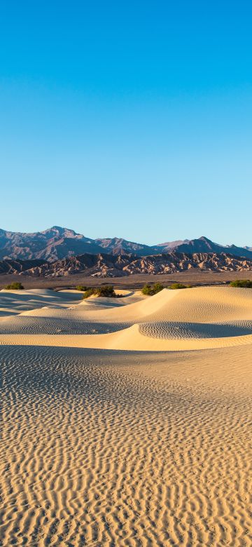 Death Valley, Dessert, California, Sand Dunes, Blue Sky, Mountain range, Sunrise, Landscape, Clear sky, 5K