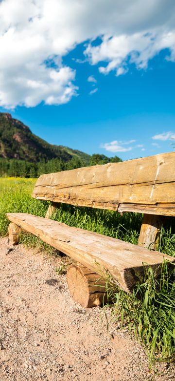 Park bench, Maroon Bells, Colorado, USA, Blue Sky, Clouds, Mountains, Pathway, Green Grass, Scenery, 5K