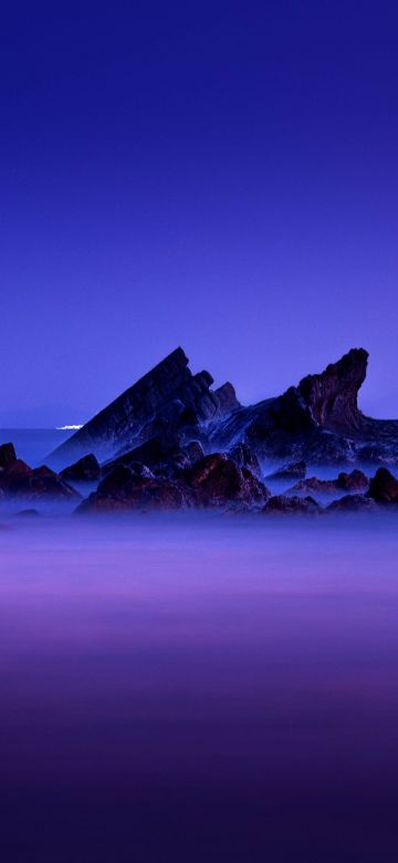 Rocky coast, Aesthetic, Seascape, Purple sky, Landscape, Dusk, Long exposure, Scenic, 5K, 8K