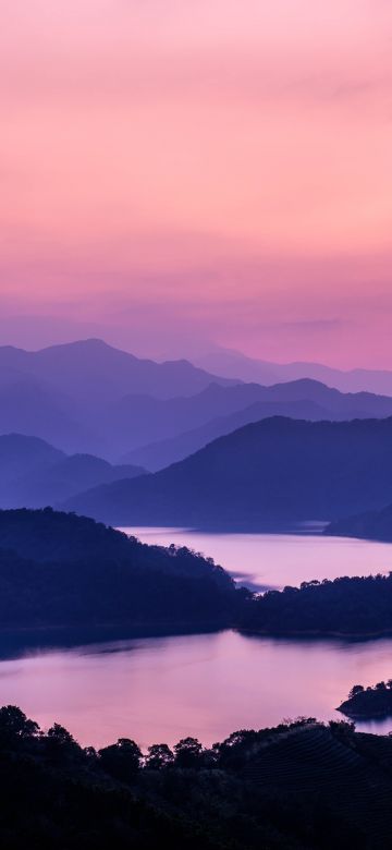 Mountain range, Pink sky, Sunset, Dusk, Lakes, Landscape, 5K, 8K