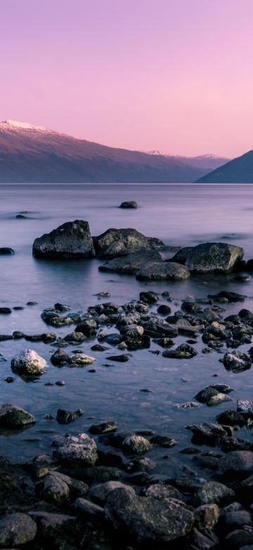 Mountain range, Dusk, Body of Water, Landscape, Long exposure, Rocks, Lake, Pink sky, 5K