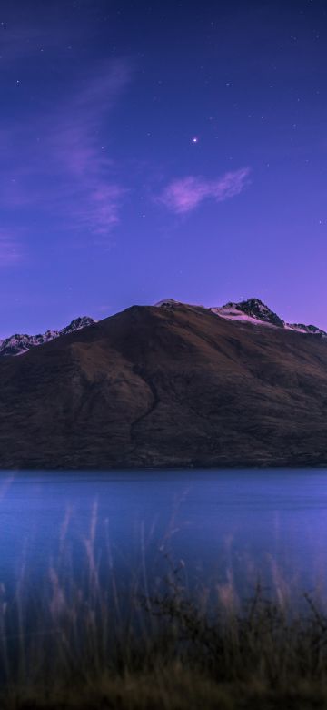 Lake Wakatipu, New Zealand, Mountain, Stars, Sunset, Dusk, Purple sky, Landscape, 5K