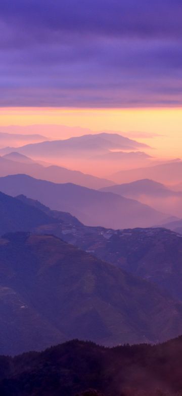 Mountain range, Aesthetic, Sunset, Purple sky, Foggy, Clouds, Landscape, Aerial view