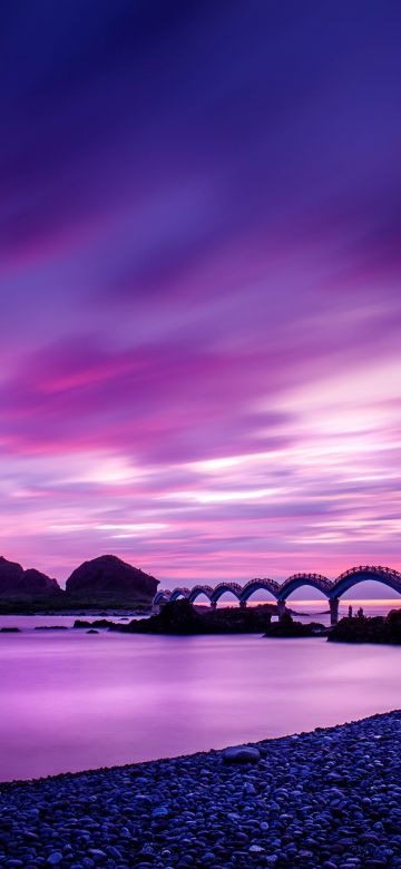 Sanxiantai Bridge, Taiwan, Landscape, Dawn, Purple sky, Clouds, Long exposure, Seascape, Shore, Scenic, 5K, 8K