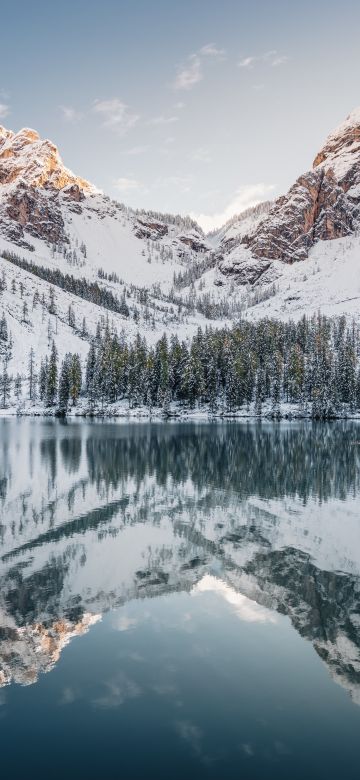 Pragser Wildsee, Snow covered, Italy, Glacier mountains, Reflection, Mirror Lake, Landscape, Peaks, Mountain range, Winter, 5K, 8K