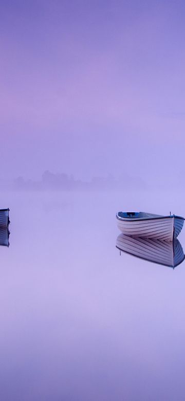 Loch Rusky, Aesthetic, Scotland, Boats, Foggy, Mirror Lake, Reflection, Purple background, Scenery, Landscape, 5K