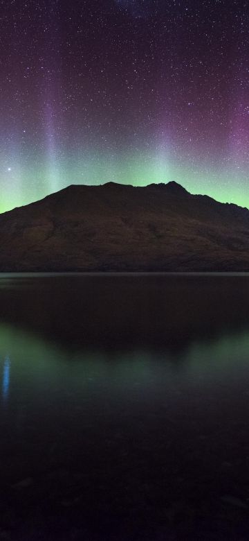 Cecil Peak, New Zealand, Aurora Borealis, Northern Lights, Starry sky, Night time, Lake Wakatipu, Reflection, Landscape, 5K