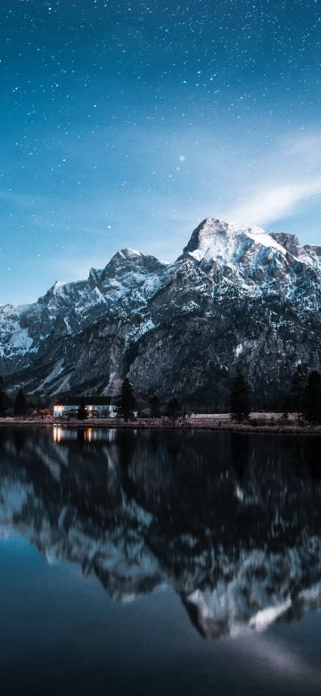 Almsee, Lake Alm, Austria, Landscape, Mountain range, Glacier mountains, Snow covered, Peaks, Reflection, Blue Sky, Stars, Scenery, 5K