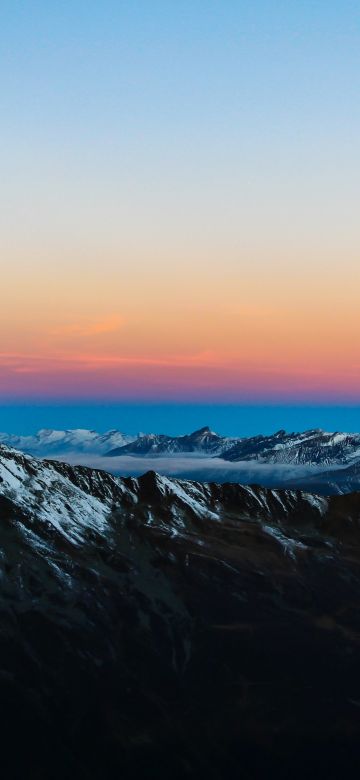 Snow covered, Mountain range, Glacier mountains, Peak, Aerial view, Sunrise, Landscape, Clear sky, Scenic, 5K