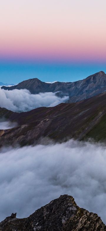 Mountain range, Sunrise, Mountain Peaks, Davos, Switzerland, White Clouds, Aerial view, Beautiful, 5K