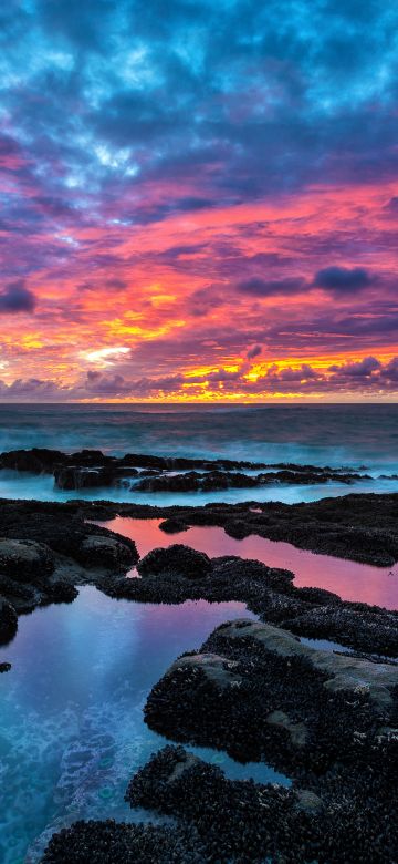 Rocky coast, Cape Arago, Sunset, Seascape, Long exposure, Sea waves, Cloudy Sky, Evening, Landscape, Scenery, Horizon, 5K