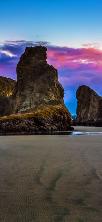 Bandon Beach, Sea stacks, Beach, Rocky coast, Cloudy Sky, Sunset, Beautiful, Landscape, 5K