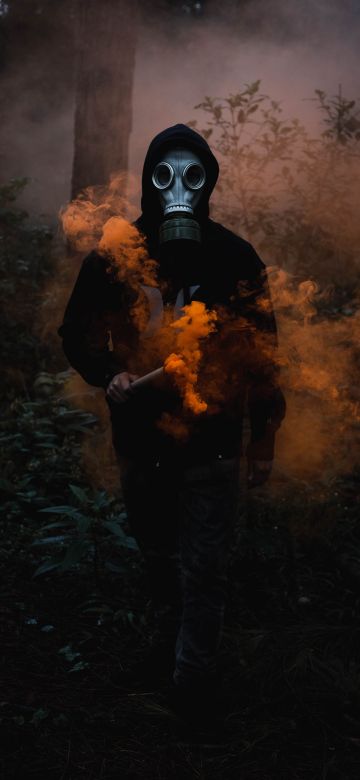 Man in Mask, Black Jacket, Smoke can, Dark background, Orange Smoke, 5K