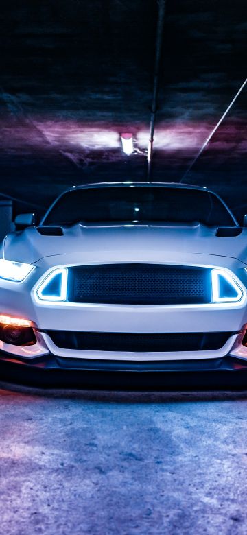 2016 Ford Mustang GT, White cars, Sports cars, Custom tuning, Basement, Headlights, 5K