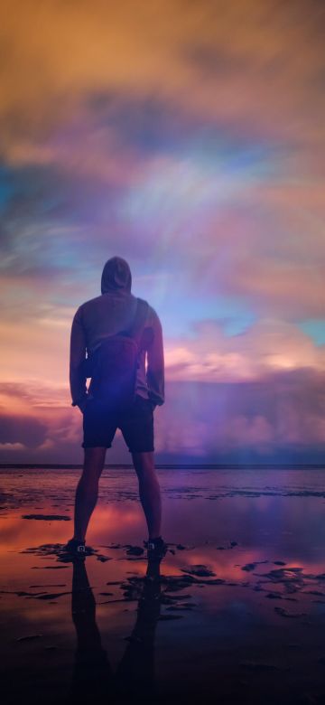 Standing Man, Beach, Body of Water, Planet Earth, Silhouette, Cloudy Sky, Outdoor, Dusk, Sunrise, Reflection, 5K