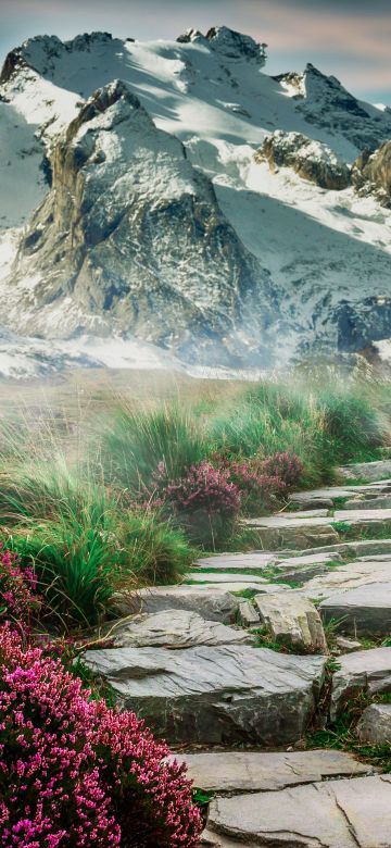 Mountains, Path, Hill, Spring, Aesthetic, Landscape, Scenery, Stone staircase, Girly, 5K