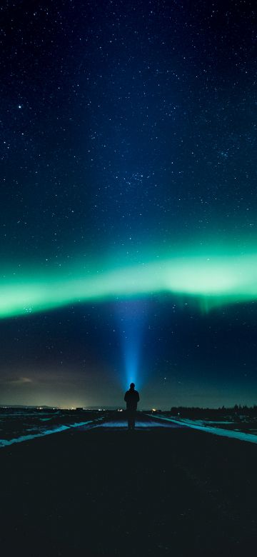 Aurora Borealis, Night time, Northern Lights, Standing Man, Light beam, Country road, Stars, Landscape, Horizon, Polar Lights