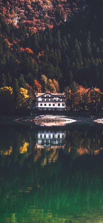 Lake Molveno, Italy, Lakeside, Wooden House, Green Trees, Reflection, Forest, Landscape, 5K