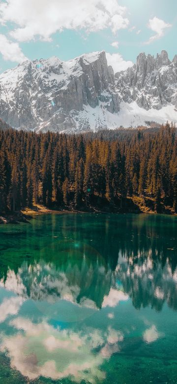 Glacier mountains, 5K, Snow covered, Fir trees, Mirror Lake, Reflection, Landscape, Scenery, Clouds