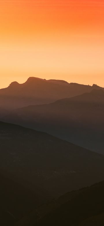 Swiss Alps, Silhouette, Mountain range, Orange sky, Sunset, Landscape, Scenery, 5K