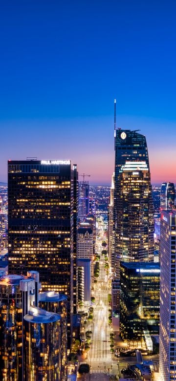 Los Angeles City, City Skyline, Cityscape, Aerial view, Blue hour, Horizon, Clear sky, City lights, Skyscrapers, California, 5K