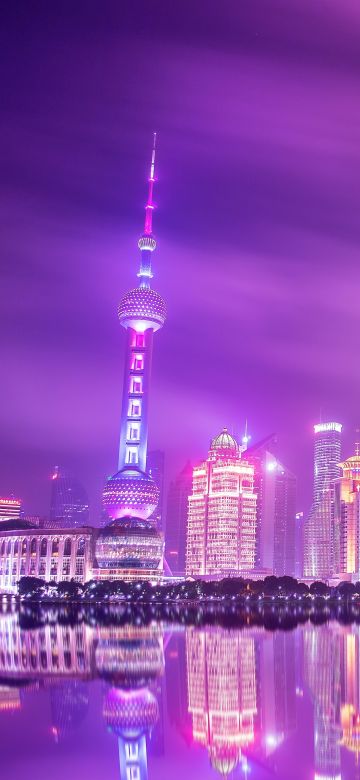 Oriental Pearl Tower, Shanghai Tower, China, Cityscape, City lights, Night time, Purple sky, Reflection, Skyscrapers, Landscape, Skyline, 5K