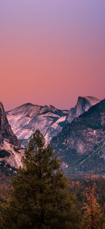 Yosemite Valley, United States, Golden hour, Landscape, Mountain range, Cliffs, Purple sky, 5K