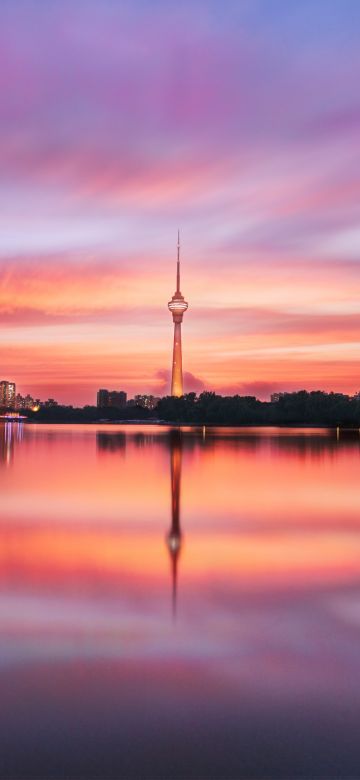 China Central TV Tower, Beijing, China, Body of Water, Silhouette, Reflection, Purple sky, Sunset, 5K, 8K