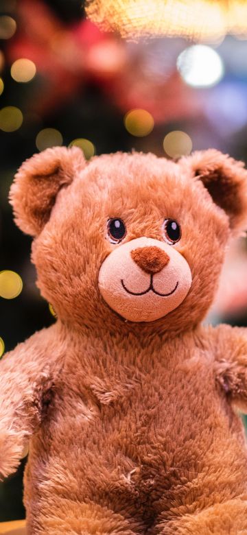 Teddy bear, Cute Christmas, Brown, Bokeh, Lights, Gift, Cute Bear, Fluffy Bear, Dolls, 5K