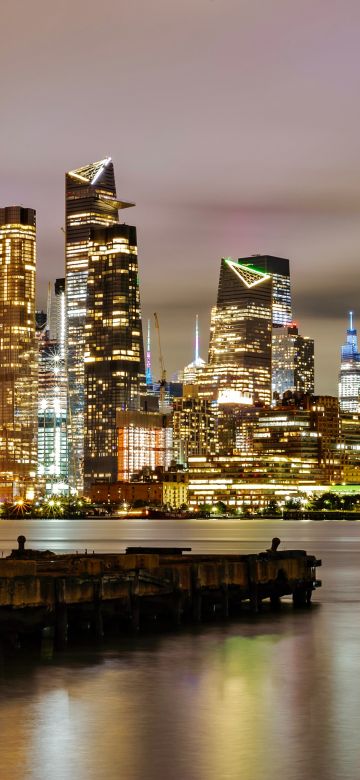 New York City, Illuminated, Skyline, Sunset, Cityscape, City lights, Waterfront, Evening, Dusk, Skyscrapers, Reflection