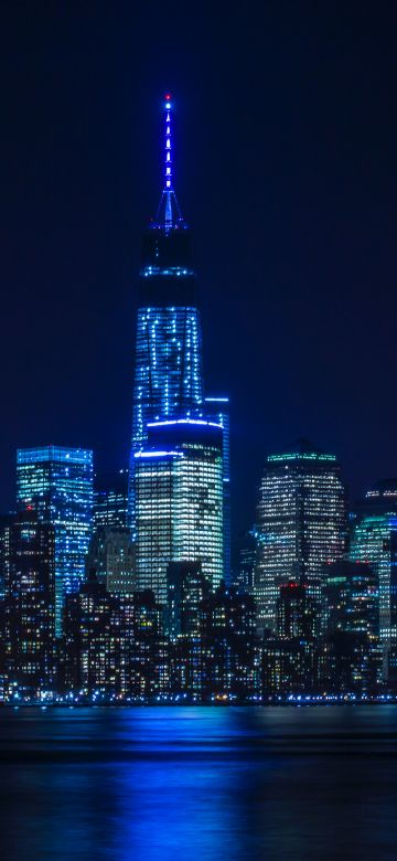 New York City, City Skyline, Cityscape, City lights, Dark background, Night time, Body of Water, Reflection, Skyscrapers, 5K, 8K