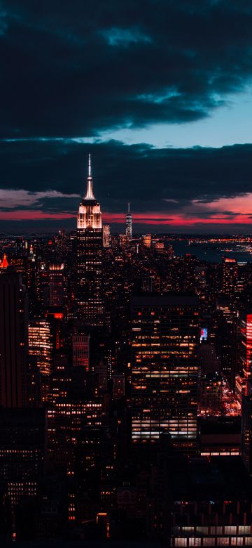 Rockefeller Center, New York, United States of America, Cityscape, Skyline, City lights, Night time, Cloudy Sky, Aerial view, Skyscrapers, 5K, 8K