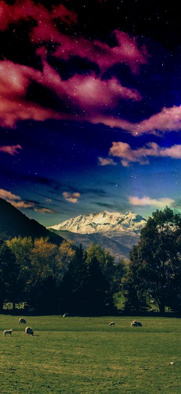 Green Meadow, Grass field, Glacier mountains, Snow covered, Mystical Sky, Stars, Moon, Digital composition, Landscape, Green Trees, 5K