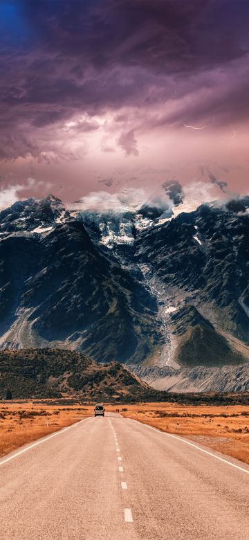 Endless Road, Thunderstorm, Mountain range, Cloudy Sky, Extreme Weather, Mystic, 5K