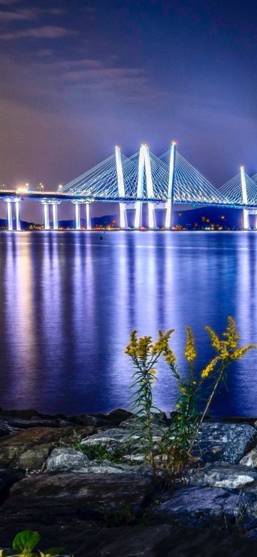 Cable-stayed bridge, Body of Water, Night time, Reflection, Sunset, Dawn, Landscape, River, 5K