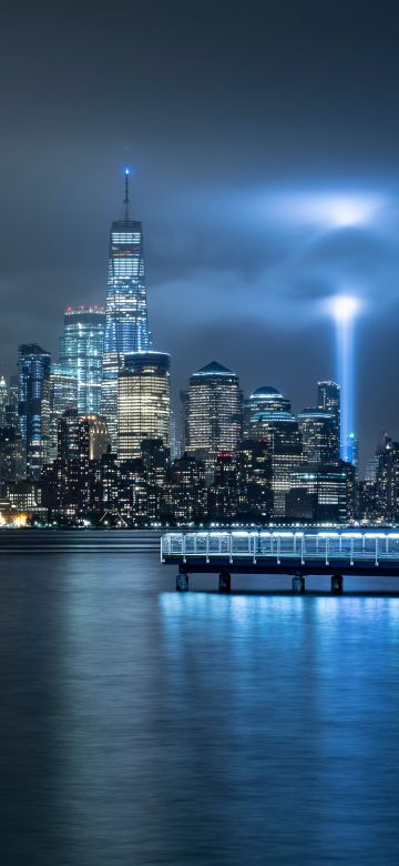 New York City, Reflection, City Skyline, Landscape, Night time, City lights, Cityscape, Body of Water, Light beam, Dock, Skyscrapers, Spotlight, 5K